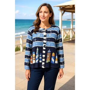 Vintage Onque Casuals Lighthouse Cotton Cardigan Sweater L Blue White Artsy